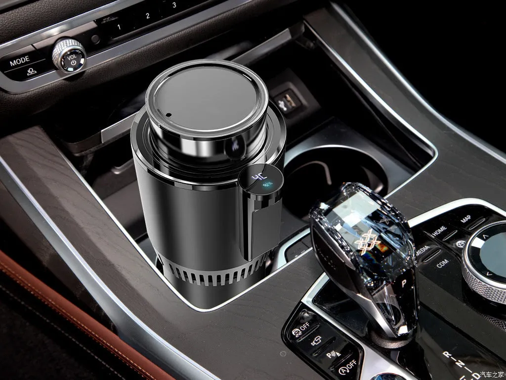 Smart hot and cold car cup in purple gold with aluminium interior and US plug adapter, 166mm height
