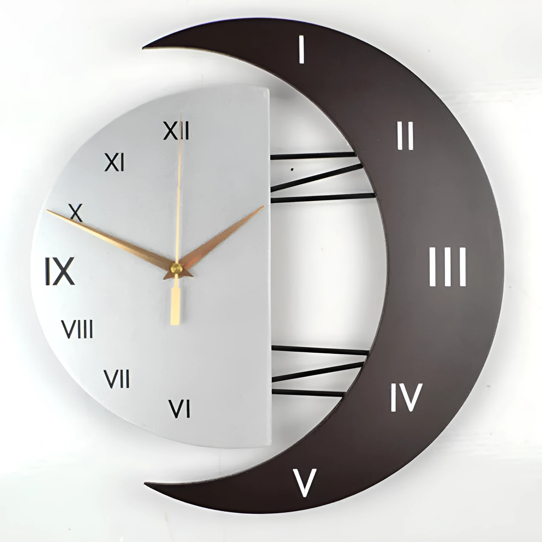 Round wooden MDF wall clock with 24-hour indication, sweep movement, Arabic numerals, and a white face with black hands.
