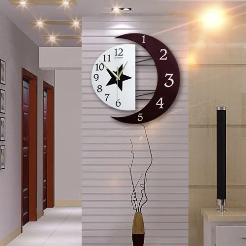 Round wooden MDF wall clock with 24-hour indication, sweep movement, Arabic numerals, and a white face with black hands.