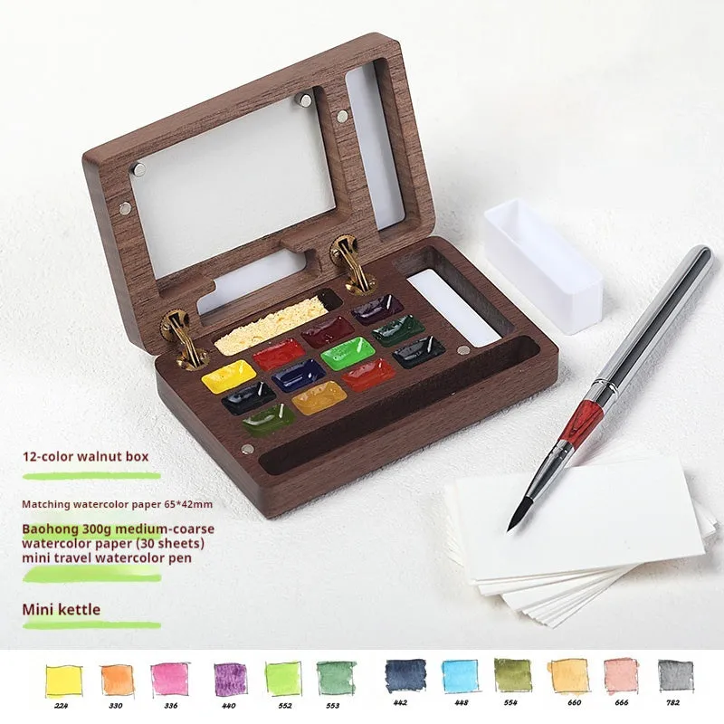 Mini walnut wood watercolour paint box with pigment suit set options