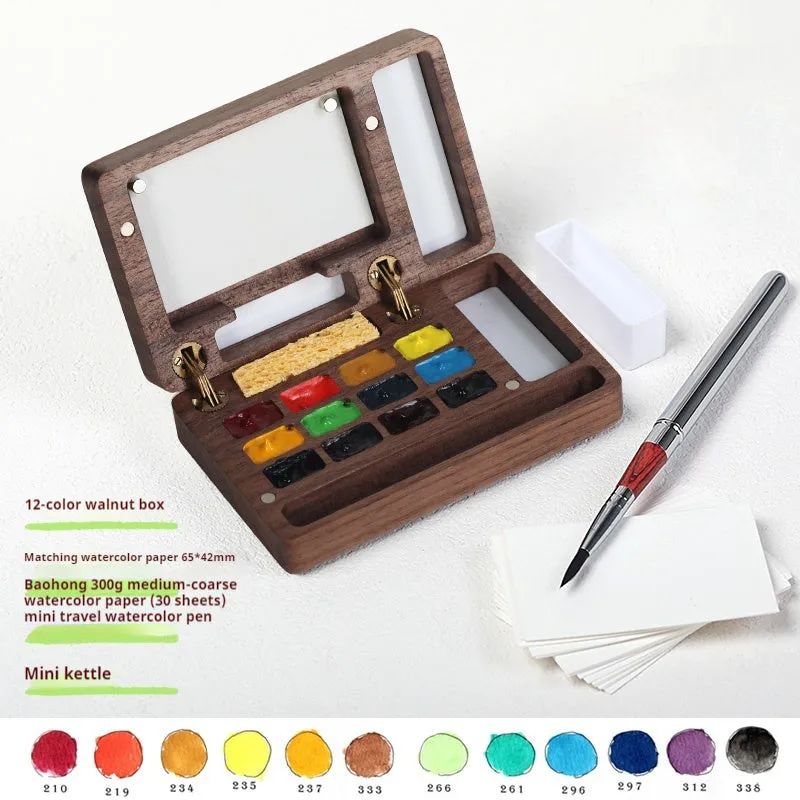 Mini walnut wood watercolour paint box with pigment suit set options