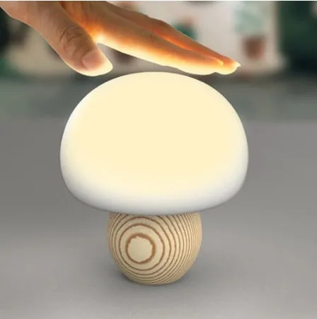 Silicone LED night lamp with wooden base, mushroom shape, brightness adjustment, and touch switch