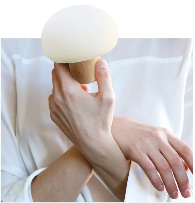 Silicone LED night lamp with wooden base, mushroom shape, brightness adjustment, and touch switch