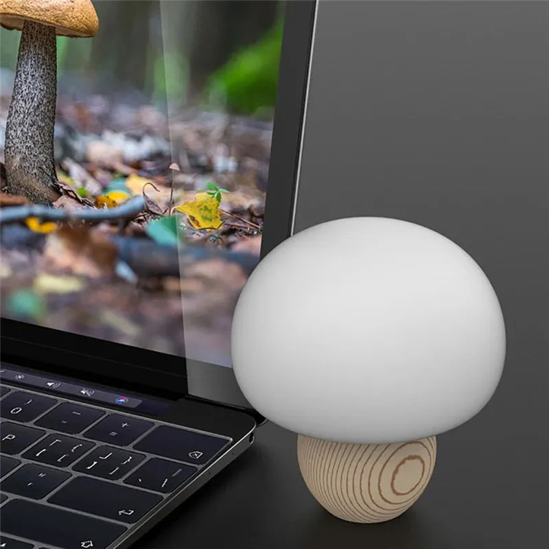 Silicone LED night lamp with wooden base, mushroom shape, brightness adjustment, and touch switch
