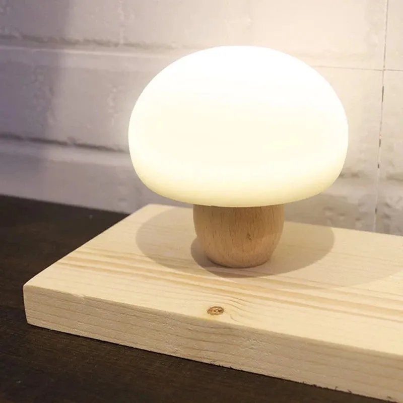 Silicone LED night lamp with wooden base, mushroom shape, brightness adjustment, and touch switch