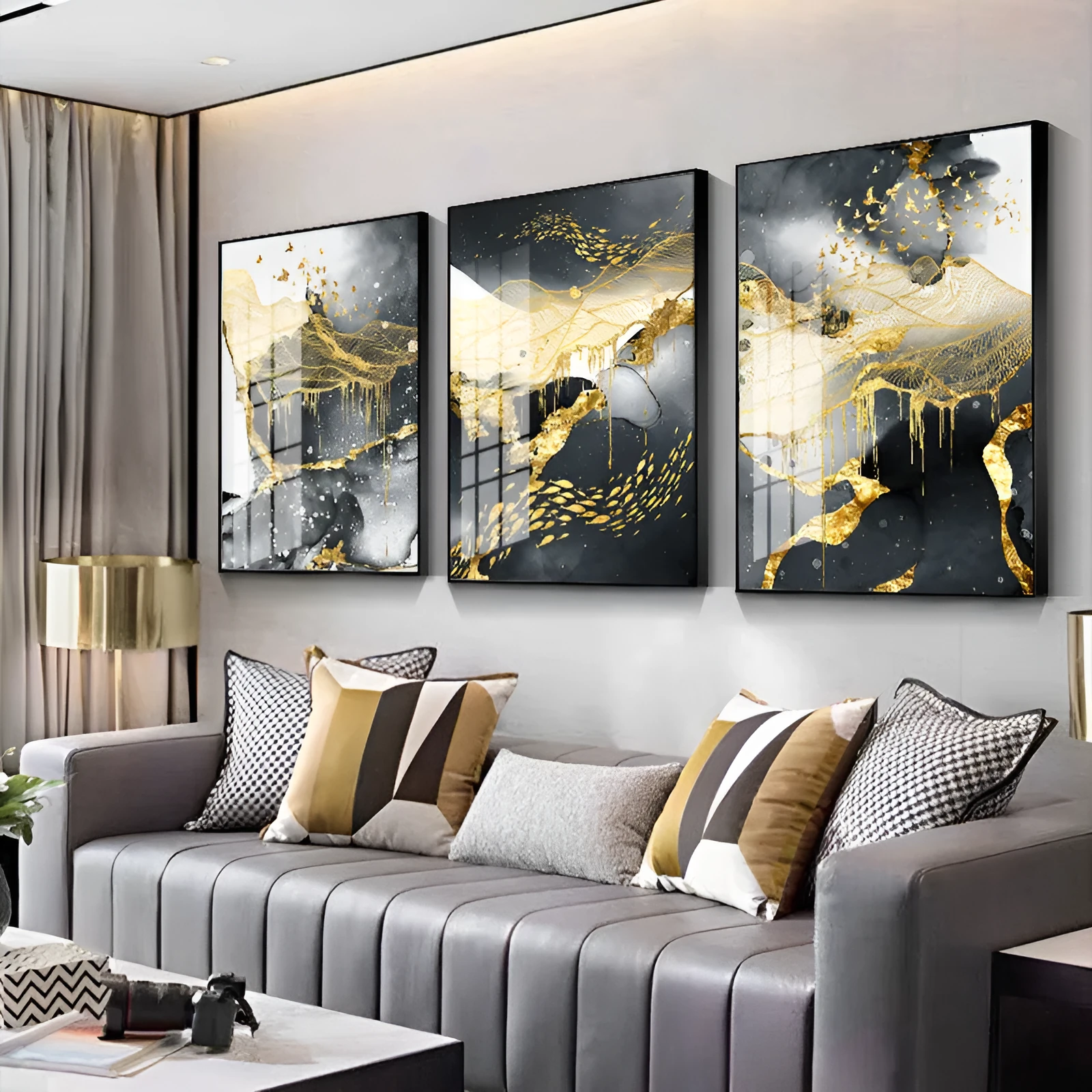Golden black and white oil on canvas frameless wall art print, spray painting finish, multiple size options
