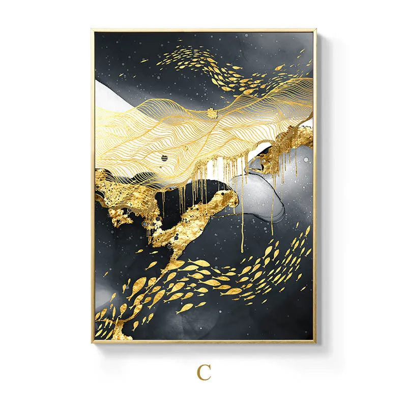 Golden black and white oil on canvas frameless wall art print, spray painting finish, multiple size options