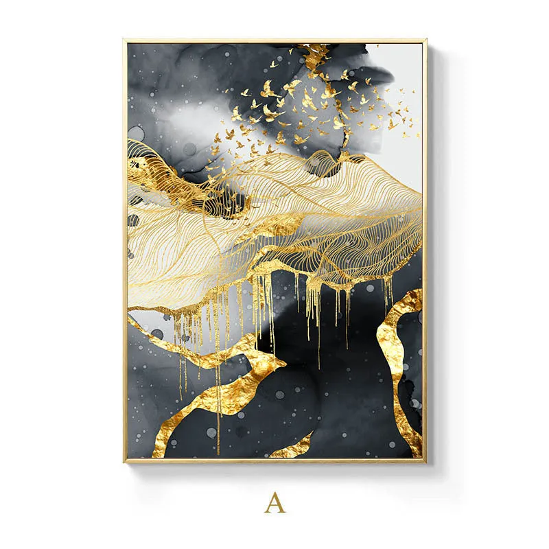 Golden black and white oil on canvas frameless wall art print, spray painting finish, multiple size options