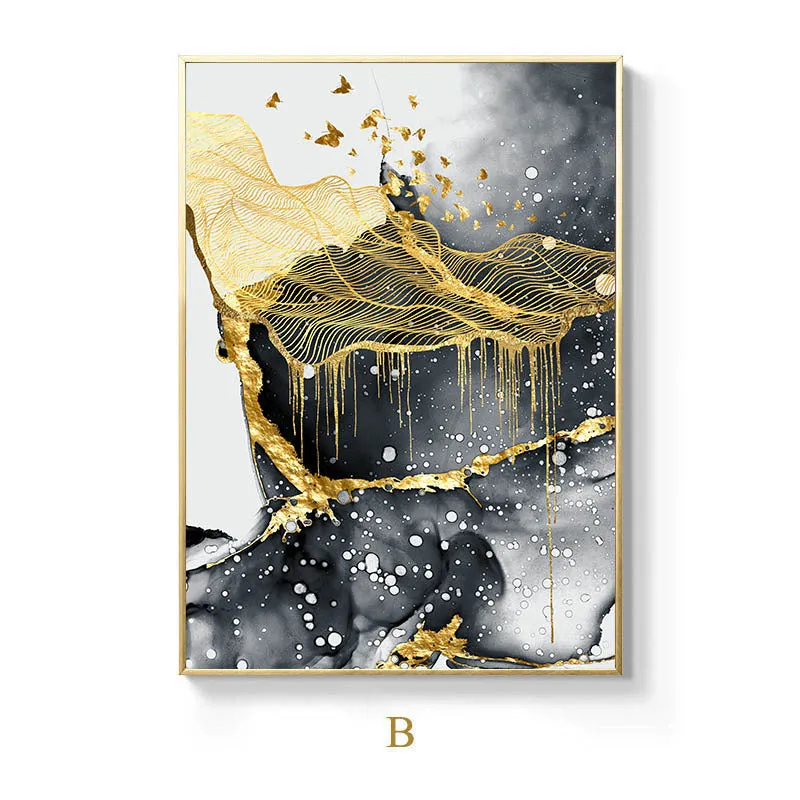 Golden black and white oil on canvas frameless wall art print, spray painting finish, multiple size options