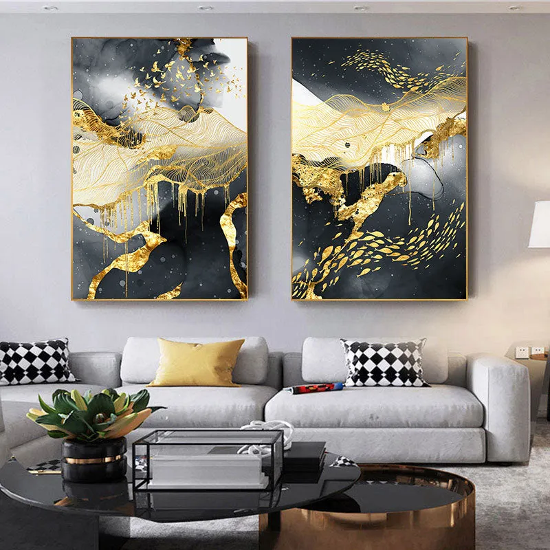 Golden black and white oil on canvas frameless wall art print, spray painting finish, multiple size options