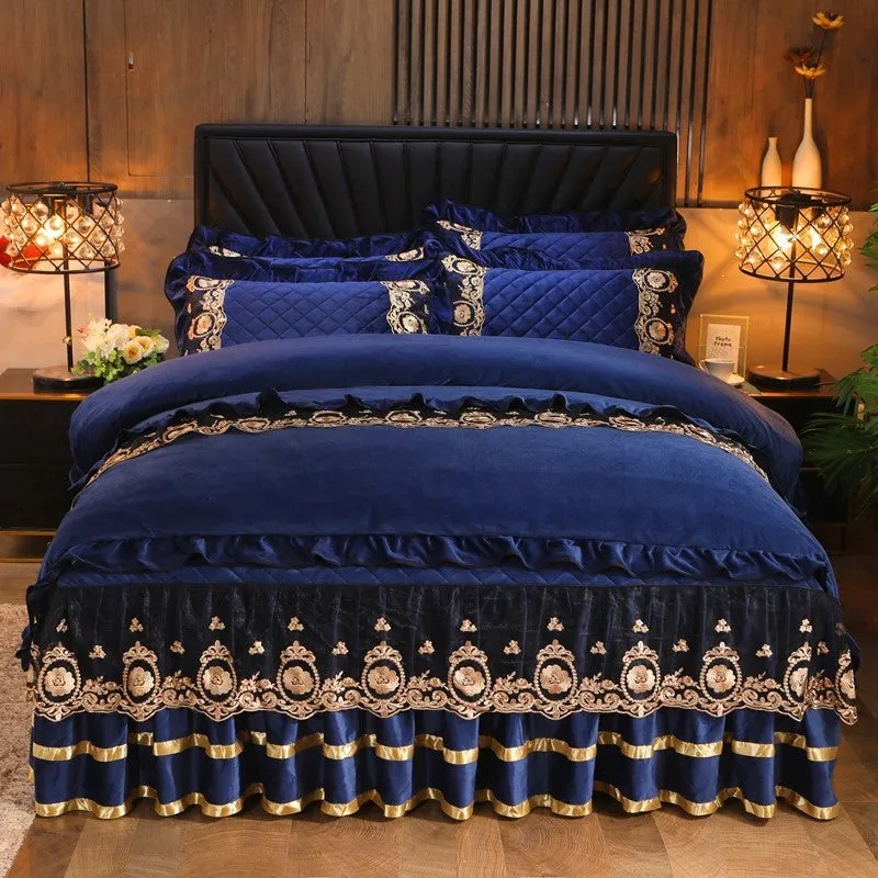 Polar fleece lace bedskirt set in navy blue with matching pillowcases on a double bed