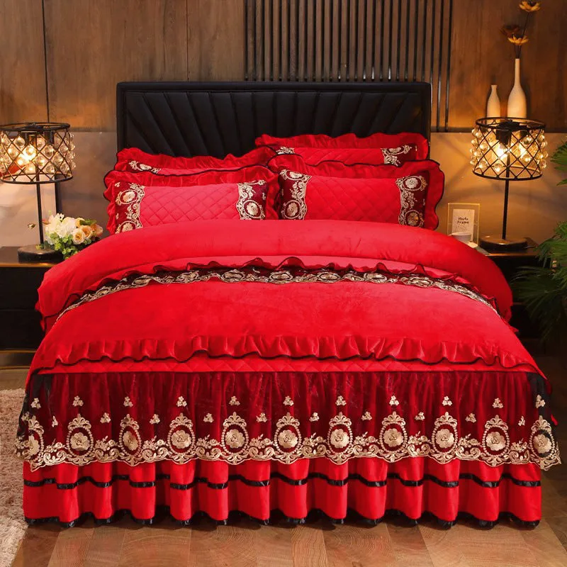 Polar fleece lace bedskirt set in navy blue with matching pillowcases on a double bed