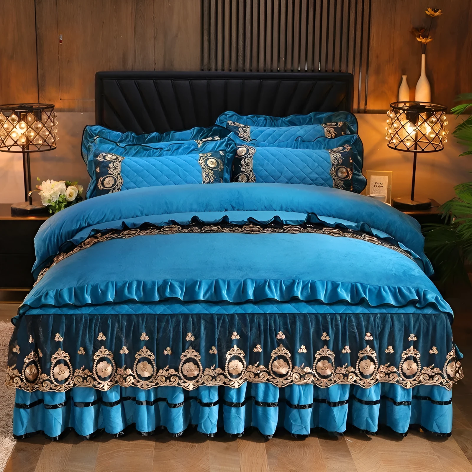 Polar fleece lace bedskirt set in navy blue with matching pillowcases on a double bed