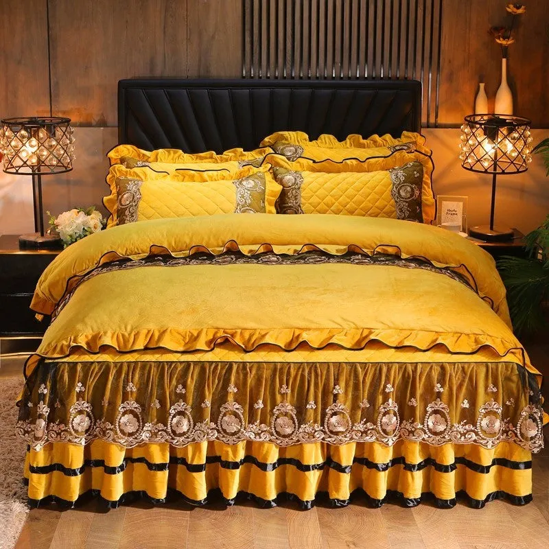 Polar fleece lace bedskirt set in navy blue with matching pillowcases on a double bed