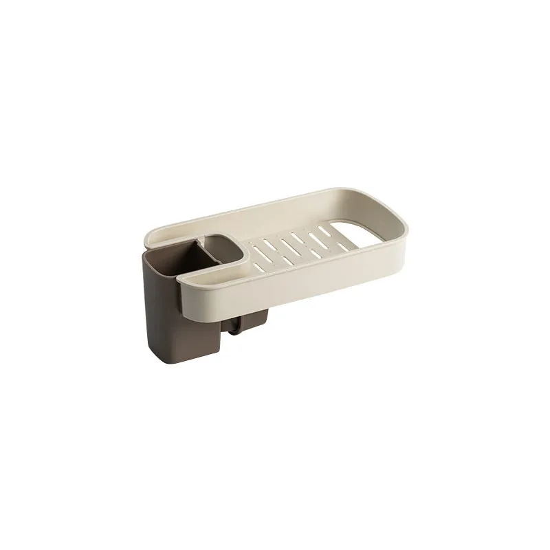 Blue sink shelf faucet holder with sponge and brush storage tray on a kitchen sink
