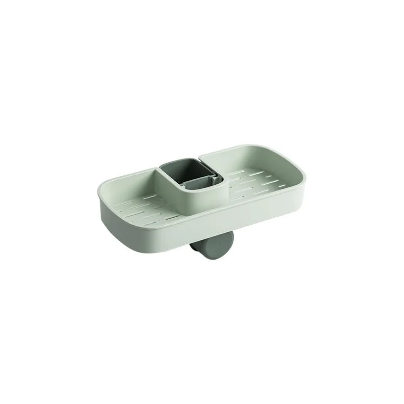 Blue sink shelf faucet holder with sponge and brush storage tray on a kitchen sink