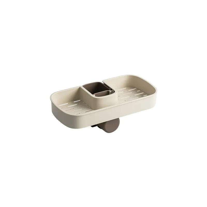 Blue sink shelf faucet holder with sponge and brush storage tray on a kitchen sink