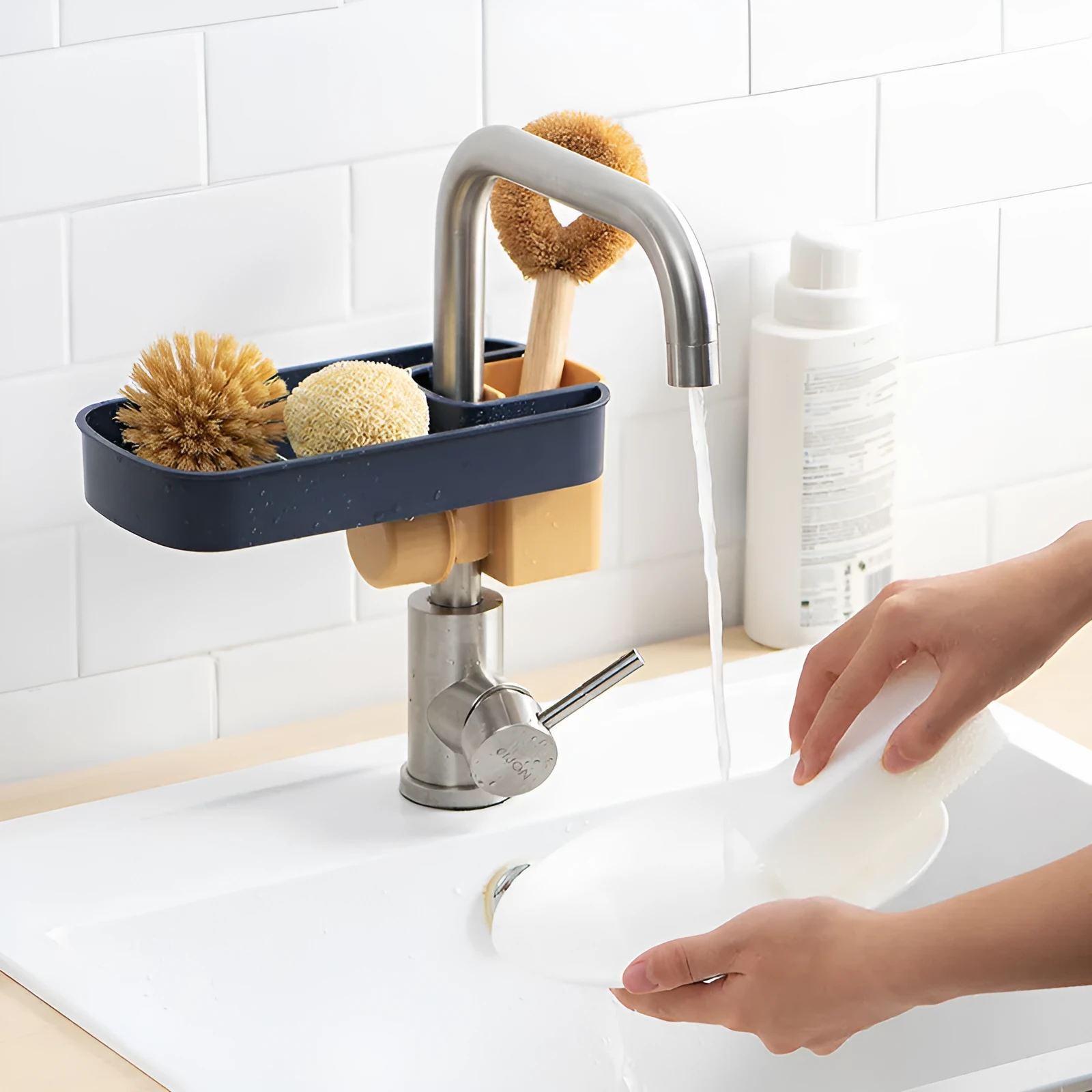 Blue sink shelf faucet holder with sponge and brush storage tray on a kitchen sink