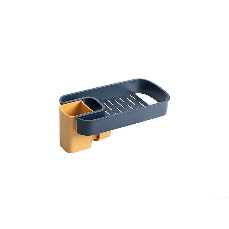 Blue sink shelf faucet holder with sponge and brush storage tray on a kitchen sink