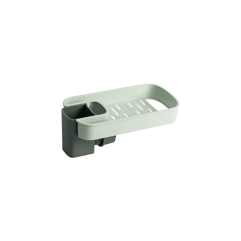 Blue sink shelf faucet holder with sponge and brush storage tray on a kitchen sink