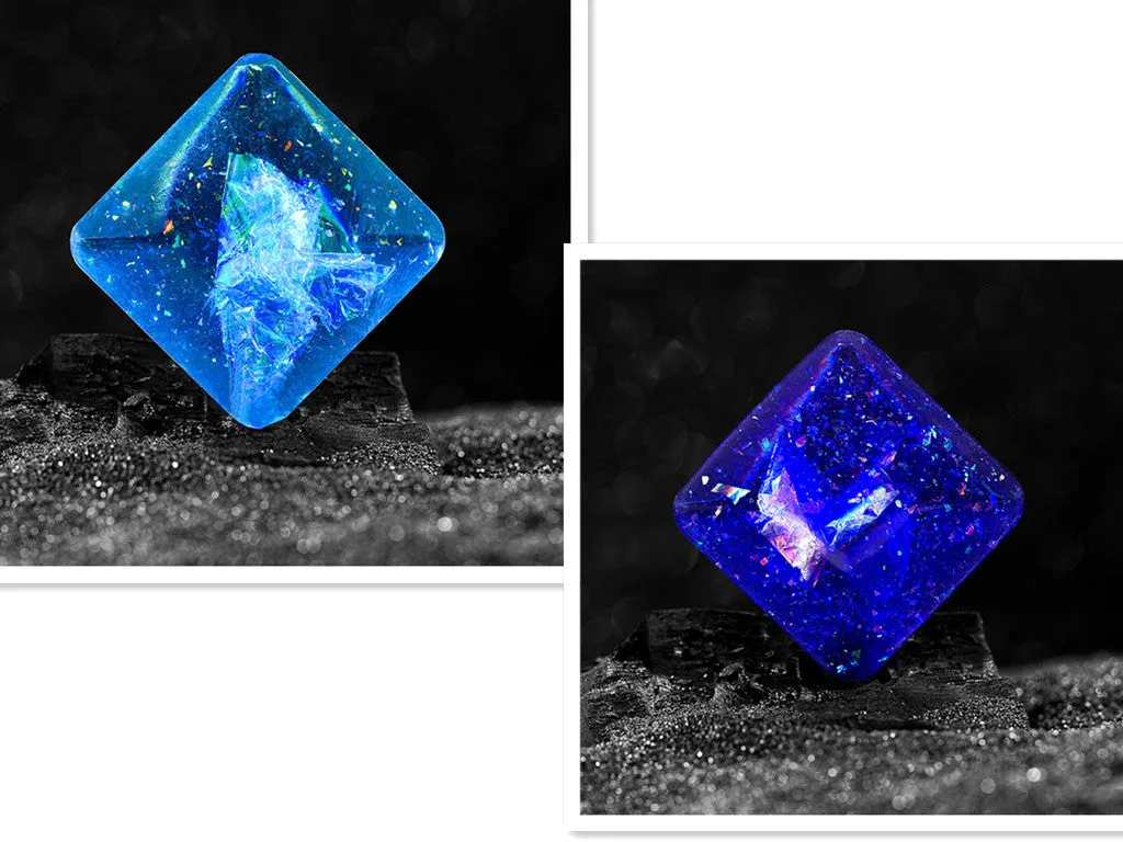 Galactic Edition resin desk gyro showing 4cm quadrilateral shape with cosmic pattern
