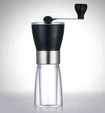 Manual ceramic burr coffee grinder and pepper mill with adjustable settings, 6cm diameter.