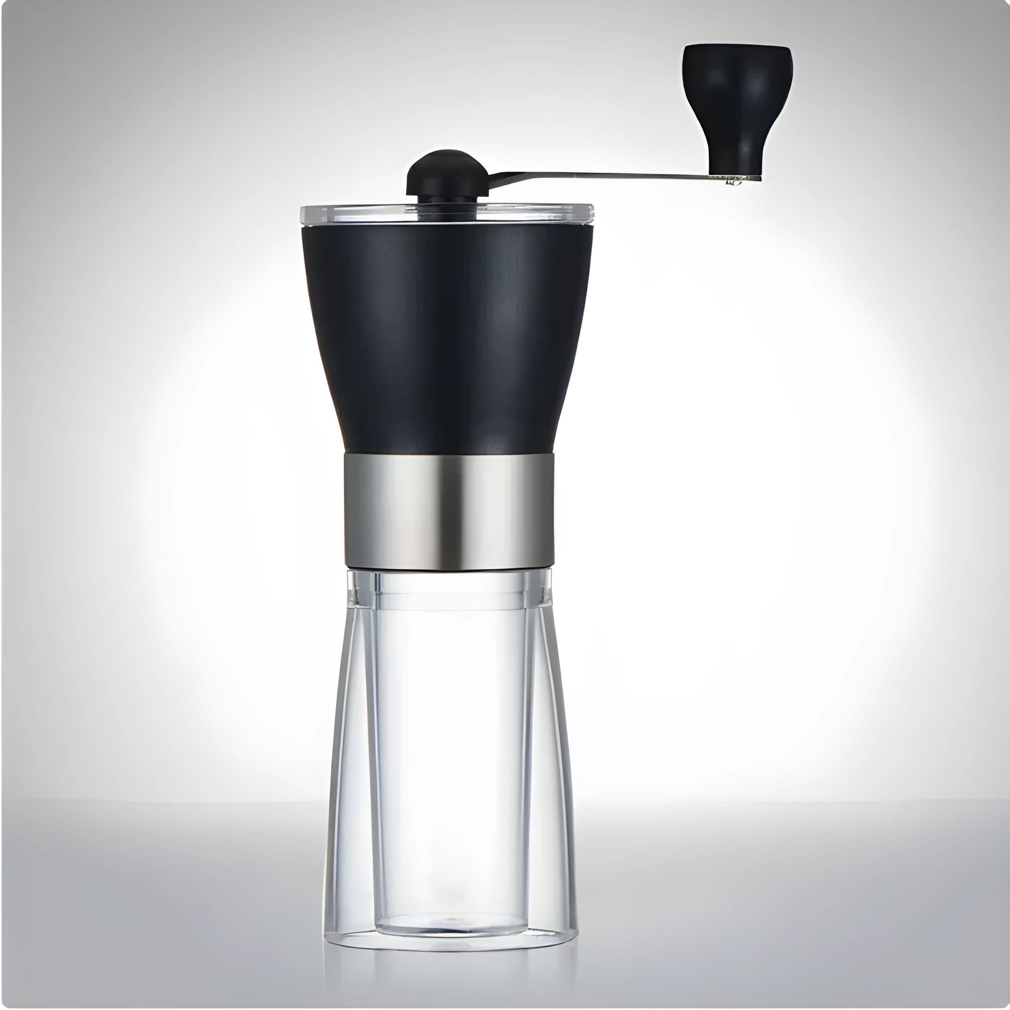 Manual ceramic burr coffee grinder and pepper mill with adjustable settings, 6cm diameter.