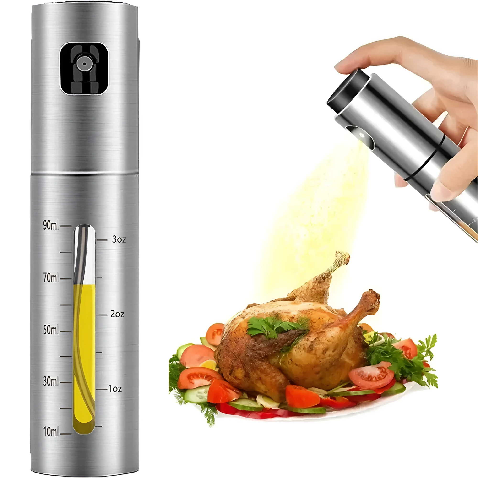 Press-type stainless steel oil spray bottle with 100ml capacity and glass body for kitchen use