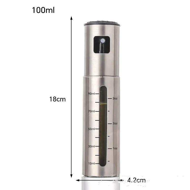 Press-type stainless steel oil spray bottle with 100ml capacity and glass body for kitchen use