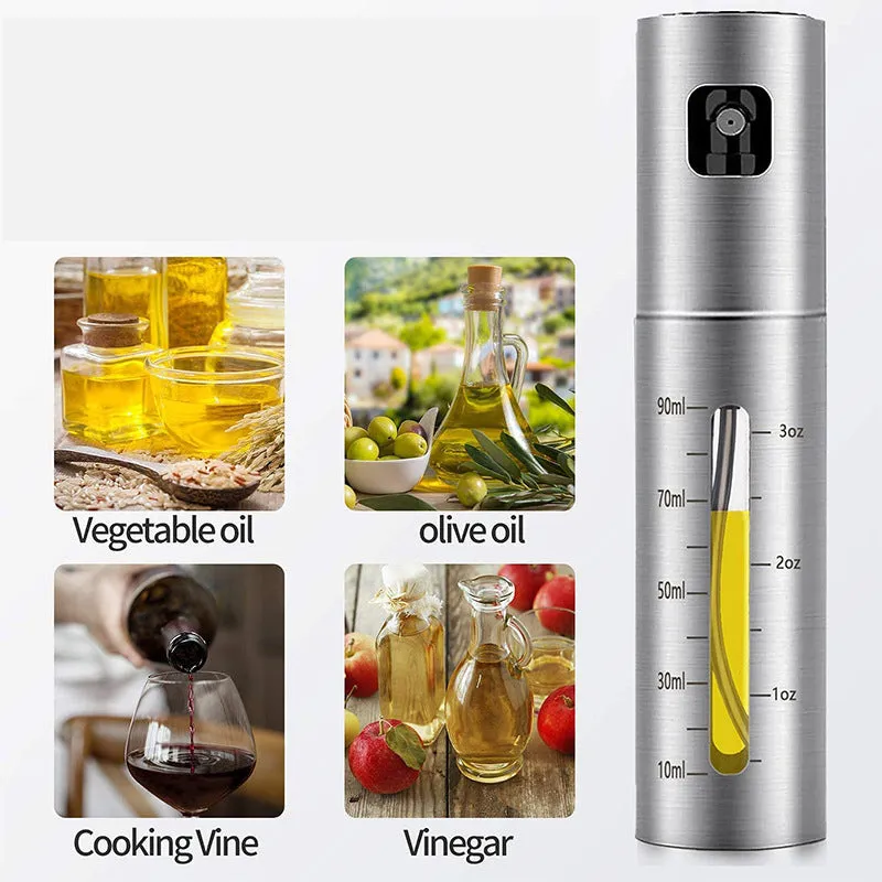 Press-type stainless steel oil spray bottle with 100ml capacity and glass body for kitchen use