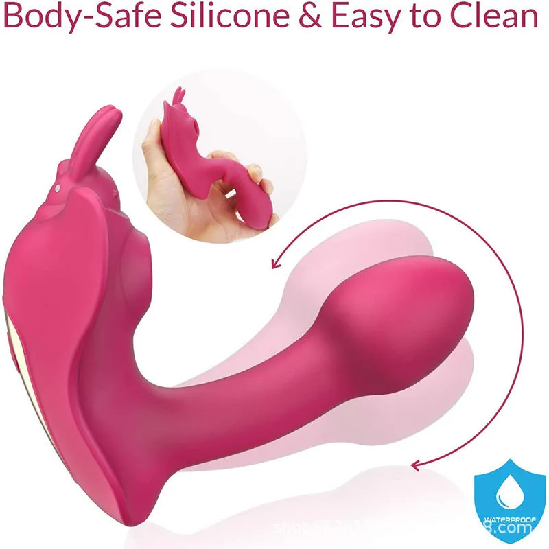 Remote control wearable butterfly silicone dildo in purple with aluminium storage bag and USB cable