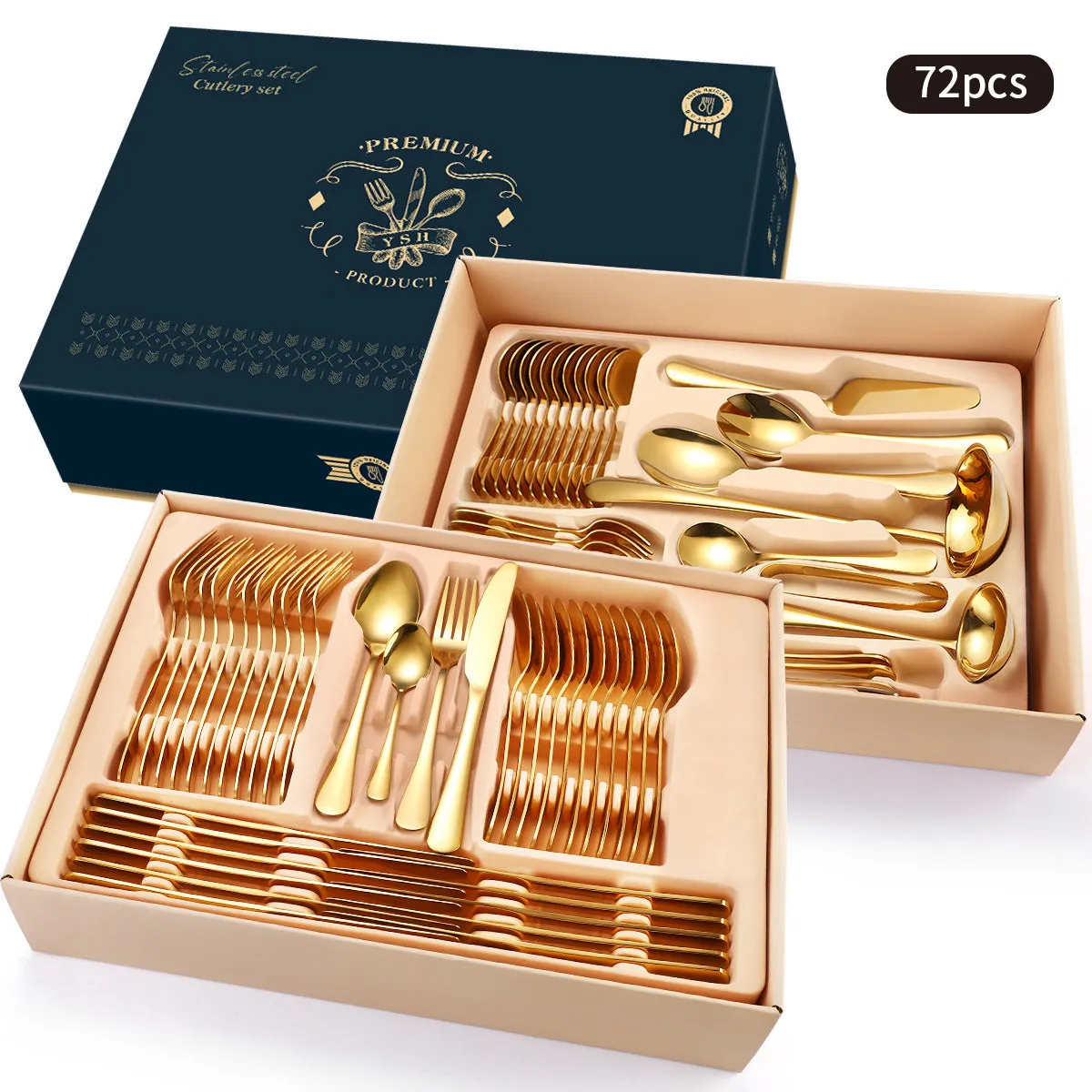 Stainless steel cutlery gift box set with mirror polished finish, silver or gold, 72 or 84 pieces for Western dining
