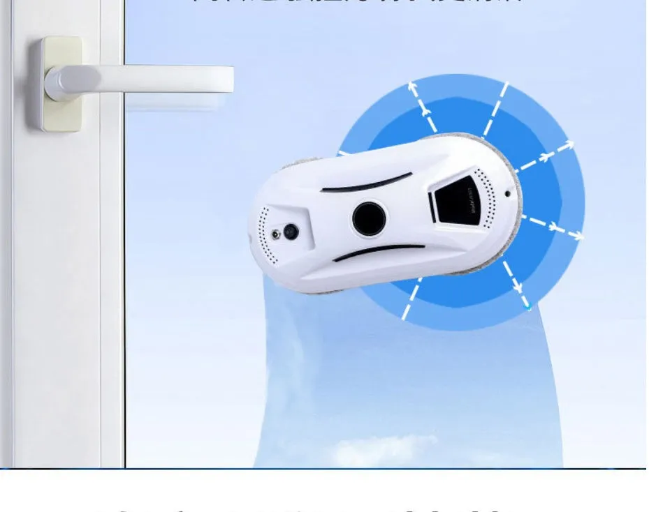 White electric window cleaning robot on a glass window, compact 295x148x80mm size