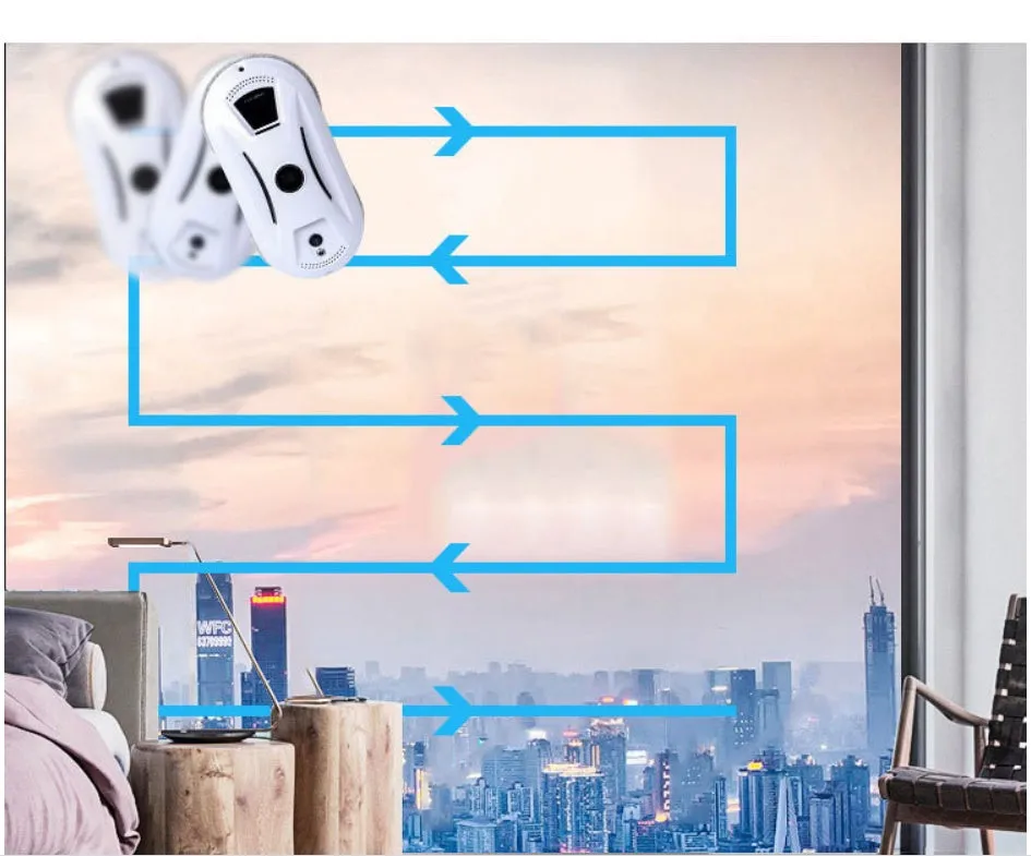 White electric window cleaning robot on a glass window, compact 295x148x80mm size