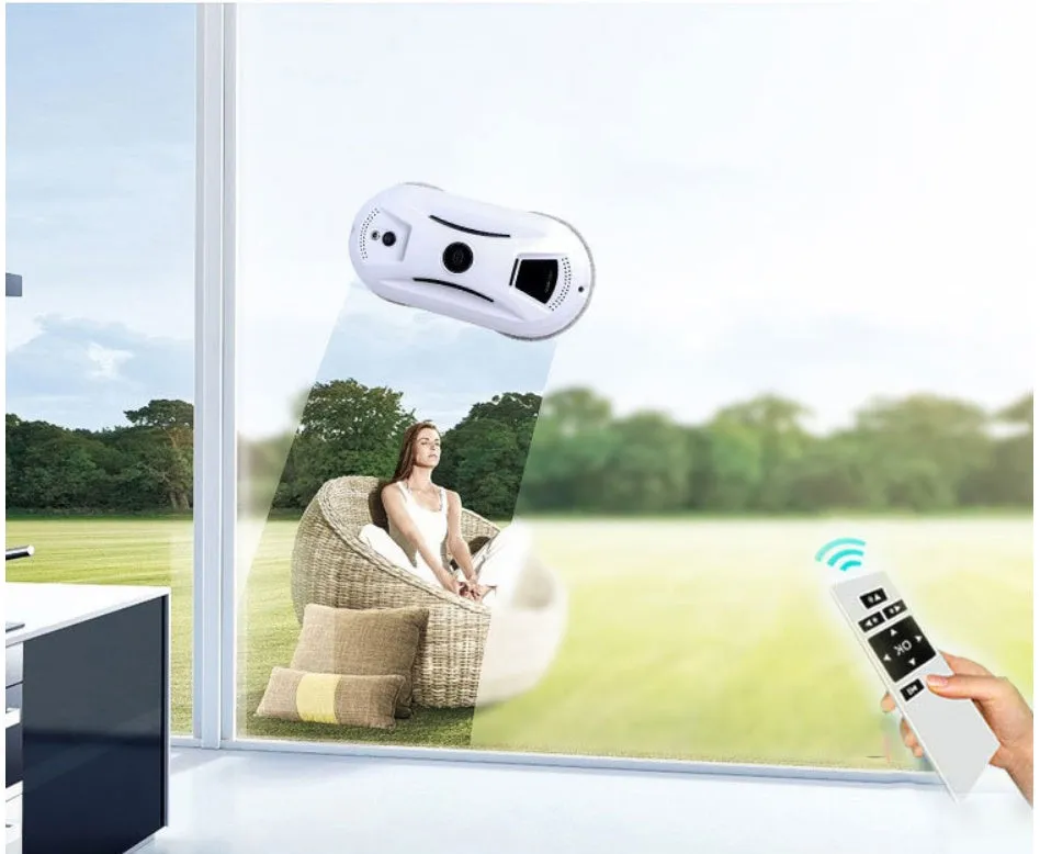 White electric window cleaning robot on a glass window, compact 295x148x80mm size