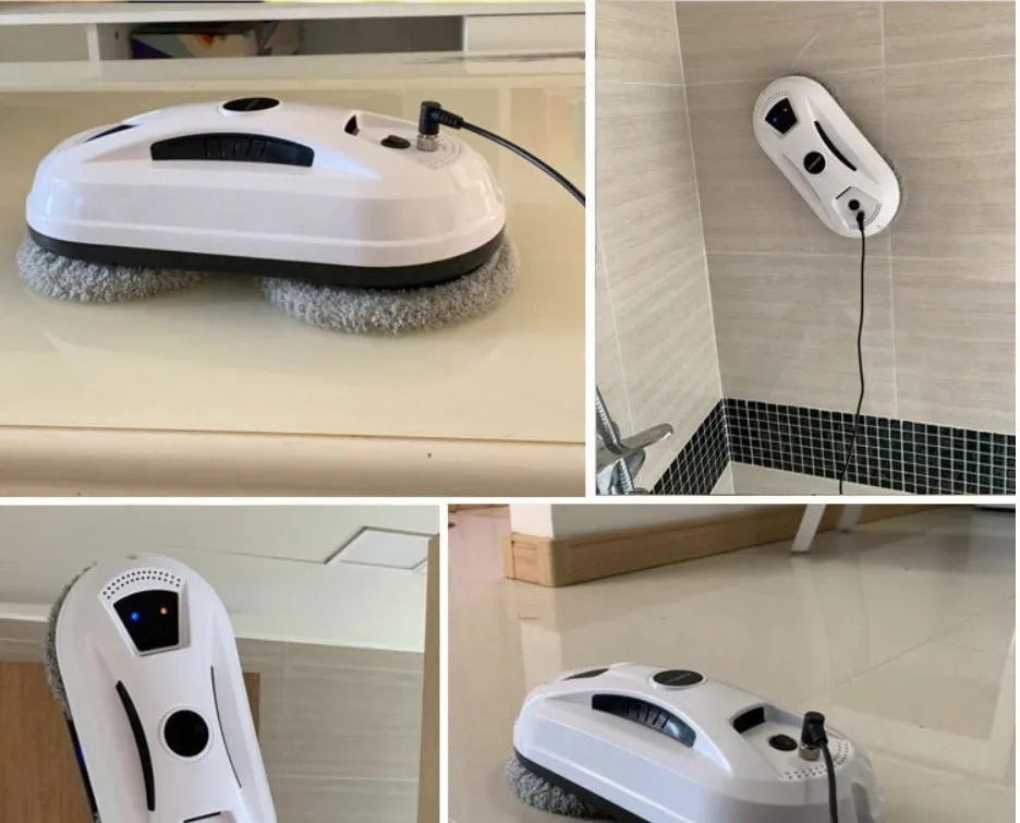 White electric window cleaning robot on a glass window, compact 295x148x80mm size