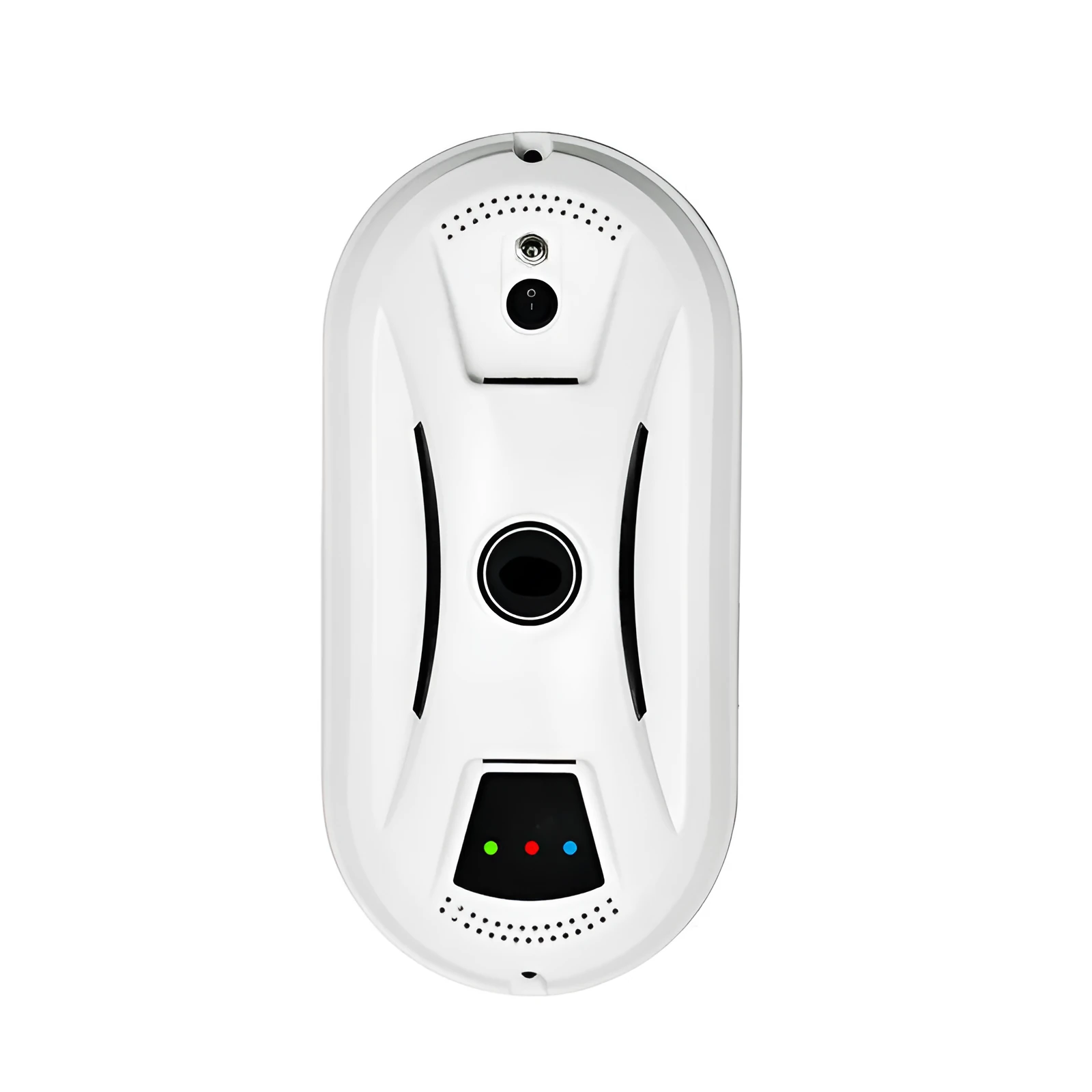 White electric window cleaning robot on a glass window, compact 295x148x80mm size