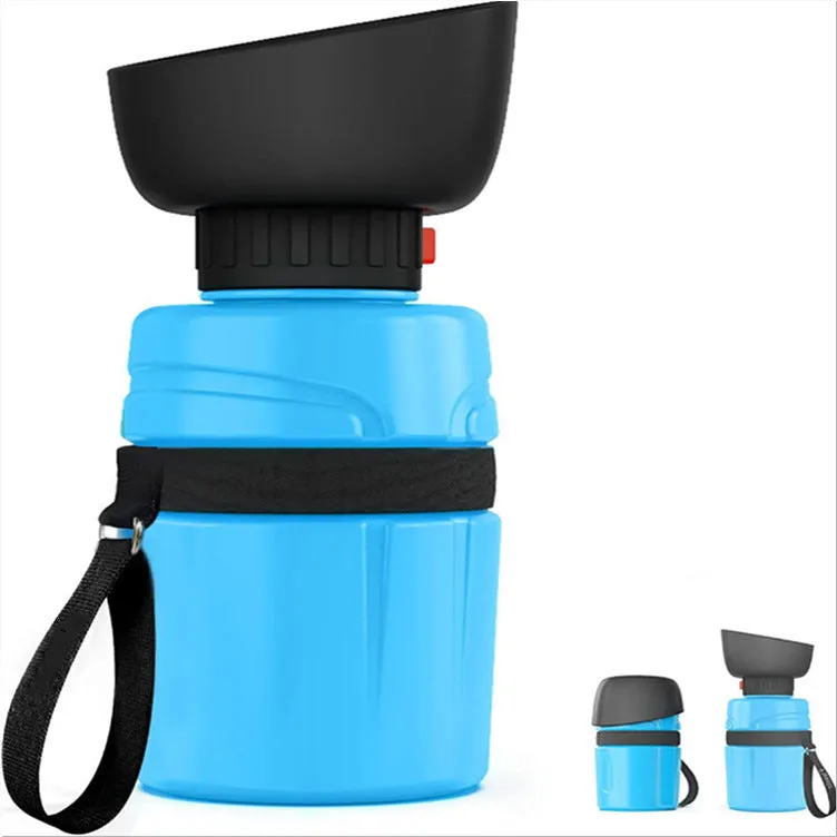 Dog travel water bottle 520ml in blue with transparent PC cup body and food grade ABS sink