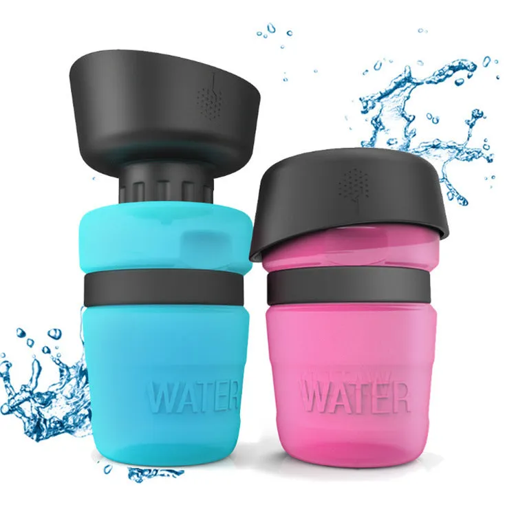 Dog travel water bottle 520ml in blue with transparent PC cup body and food grade ABS sink