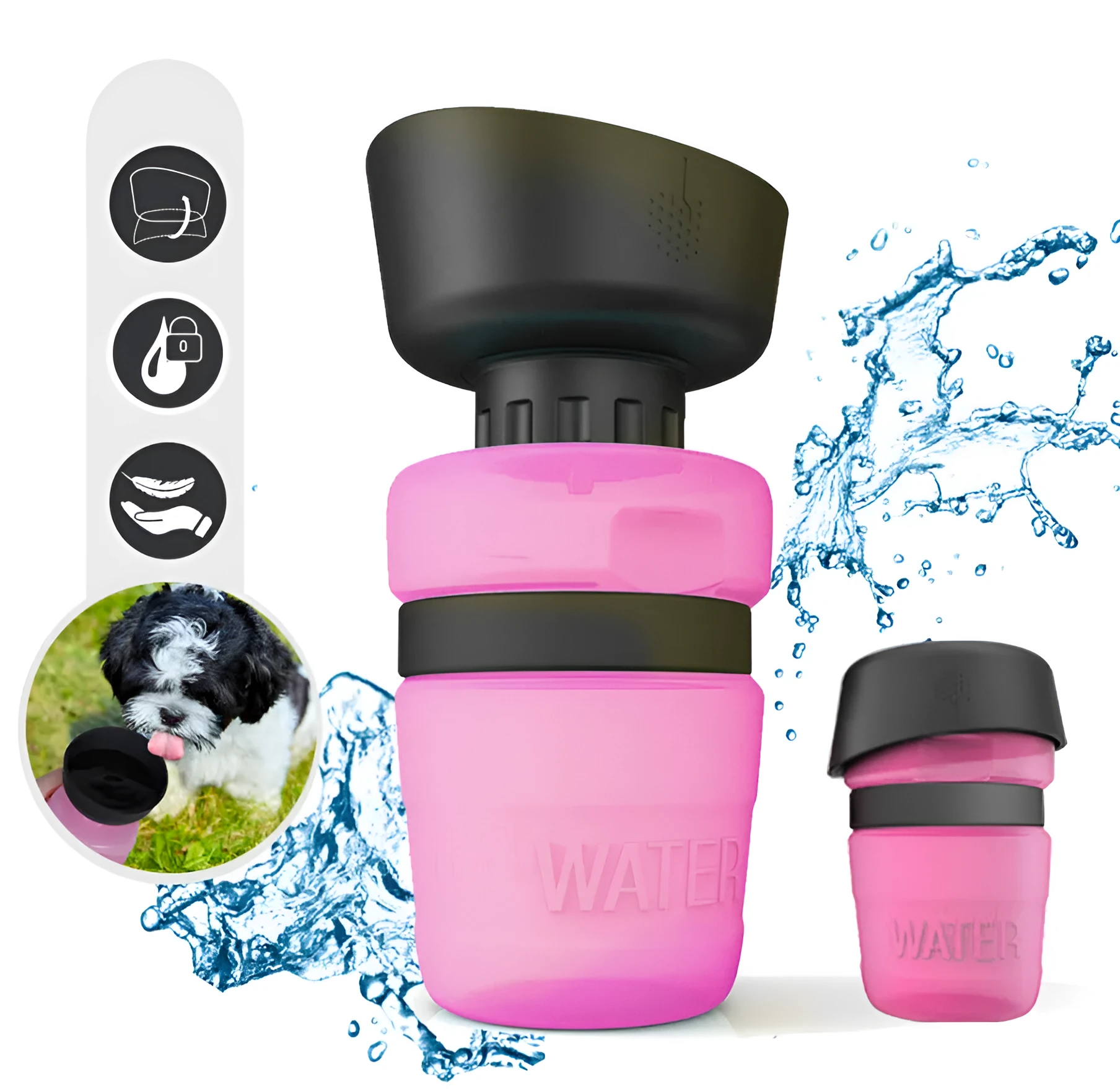 Dog travel water bottle 520ml in blue with transparent PC cup body and food grade ABS sink
