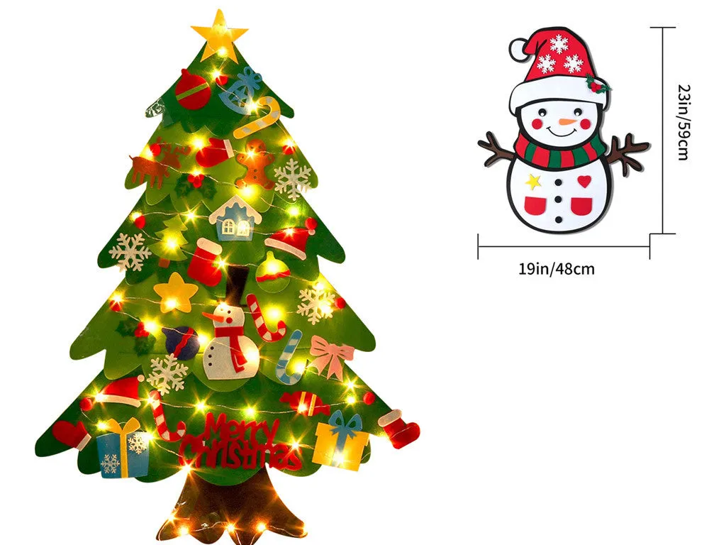 Green DIY felt Christmas tree with fairy lights and ornaments on a white wall with decorations attached