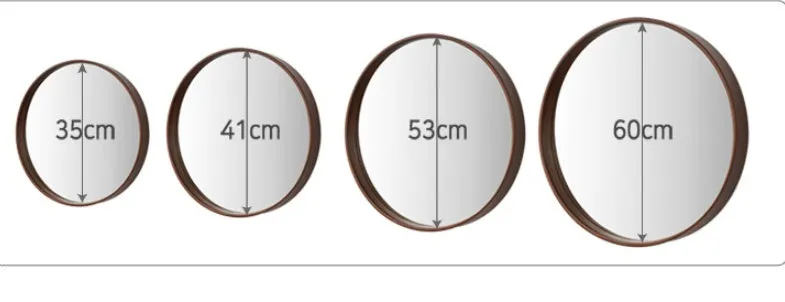 Round walnut-coloured solid wood hanging mirror with 30cm diameter and silvered glass