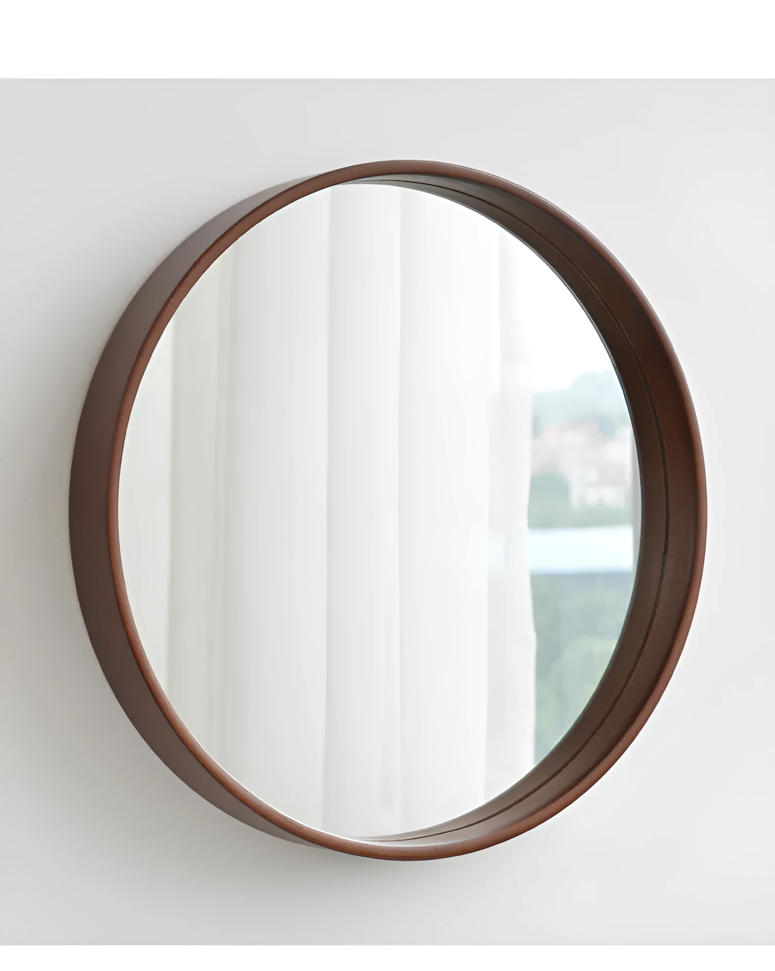 Round walnut-coloured solid wood hanging mirror with 30cm diameter and silvered glass
