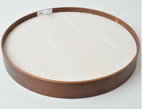 Round walnut-coloured solid wood hanging mirror with 30cm diameter and silvered glass