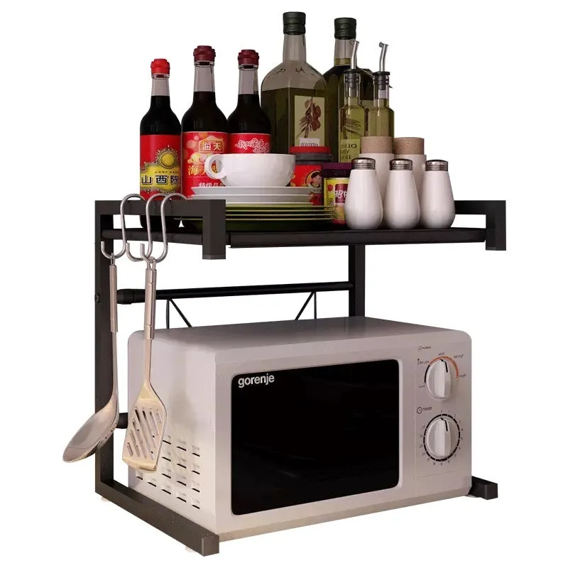 Retractable metal kitchen microwave rack on countertop with 2-layer shelf and no-punch installation