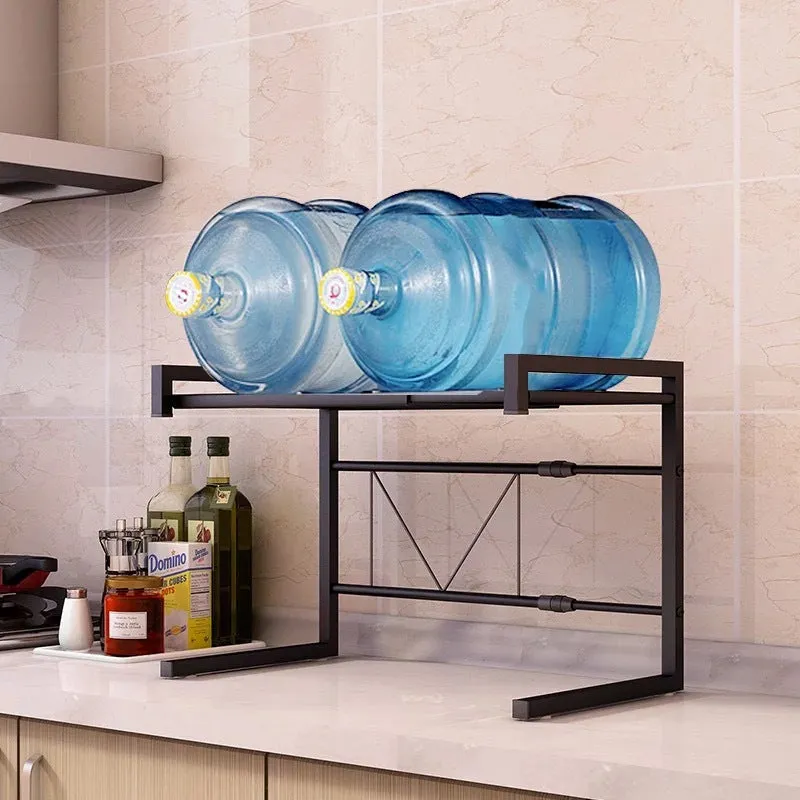 Retractable metal kitchen microwave rack on countertop with 2-layer shelf and no-punch installation