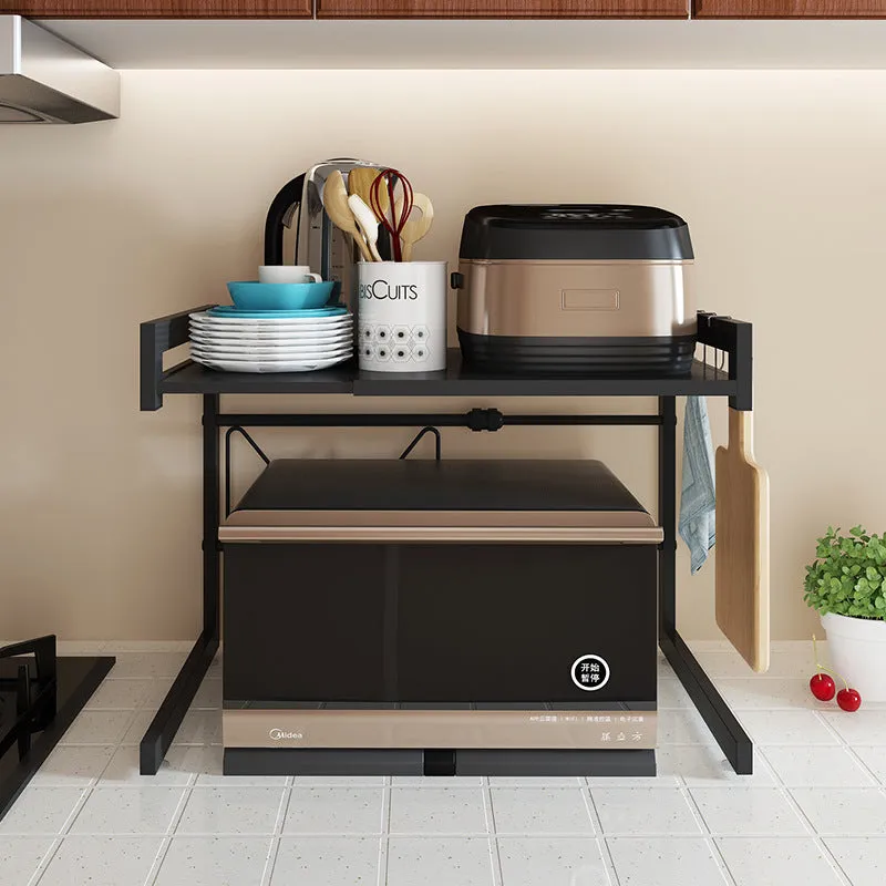Retractable metal kitchen microwave rack on countertop with 2-layer shelf and no-punch installation