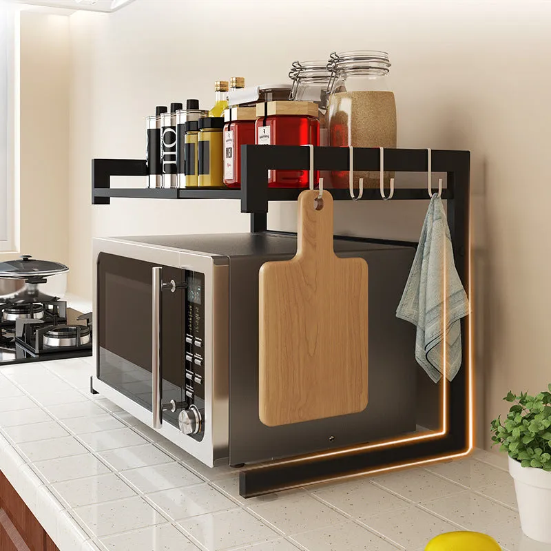 Retractable metal kitchen microwave rack on countertop with 2-layer shelf and no-punch installation