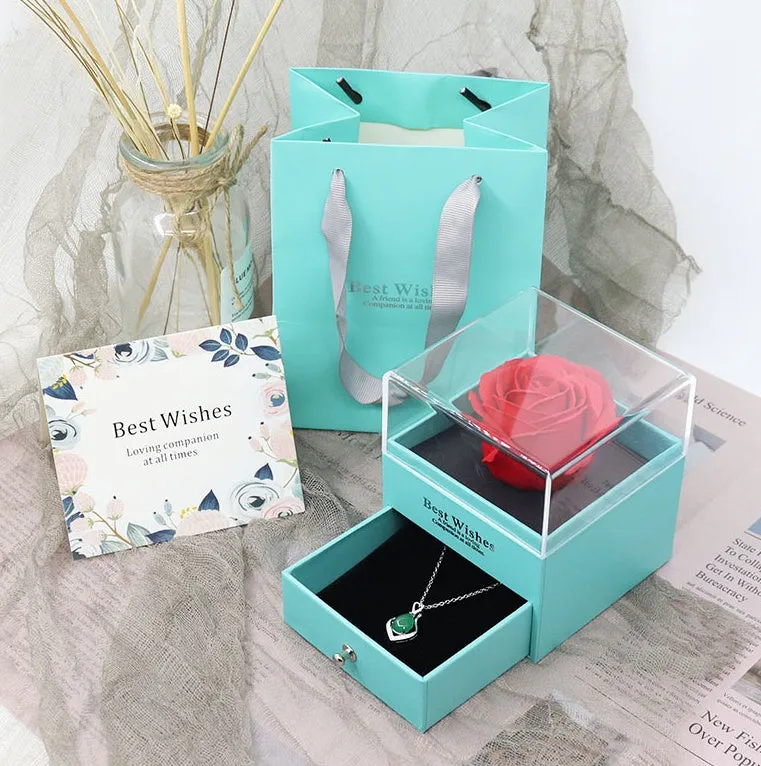 Acrylic jewellery gift box with removable flannel insert, shown in multiple colour options.