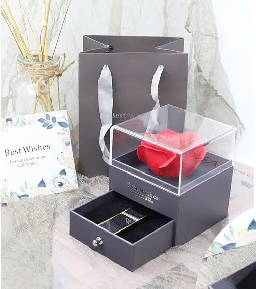 Acrylic jewellery gift box with removable flannel insert, shown in multiple colour options.